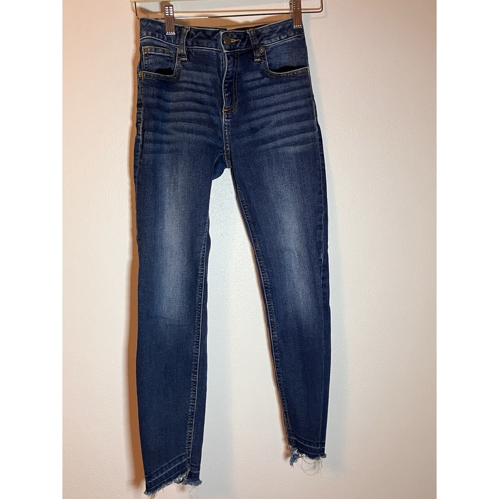 Miss Me Women's Blue Ankle‎ Skinny  Denim Jeans 26 Fringe Slant Hem Clean Look